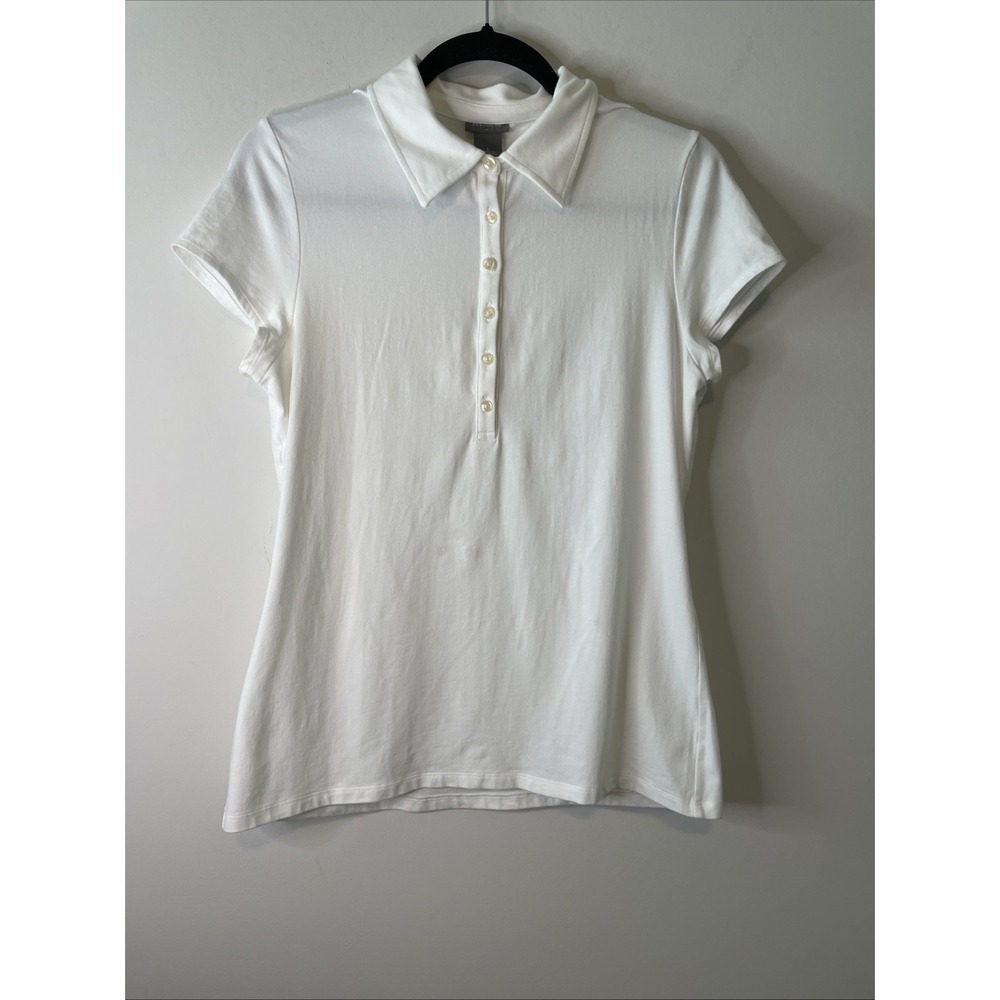 Ann Taylor L White Cotton Polo Shirt Short Sleeve Collared Classic Preppy